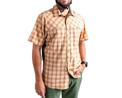 Club Ride Apparel Quest Super Stretch Plaid Short Sleeve Shirt (Desert Sunset) (S)