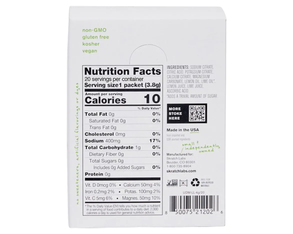 Skratch Labs Unsweetened Hydration Sport Drink Mix (Lemon + Lime) (Single Serving) (20-Pack)