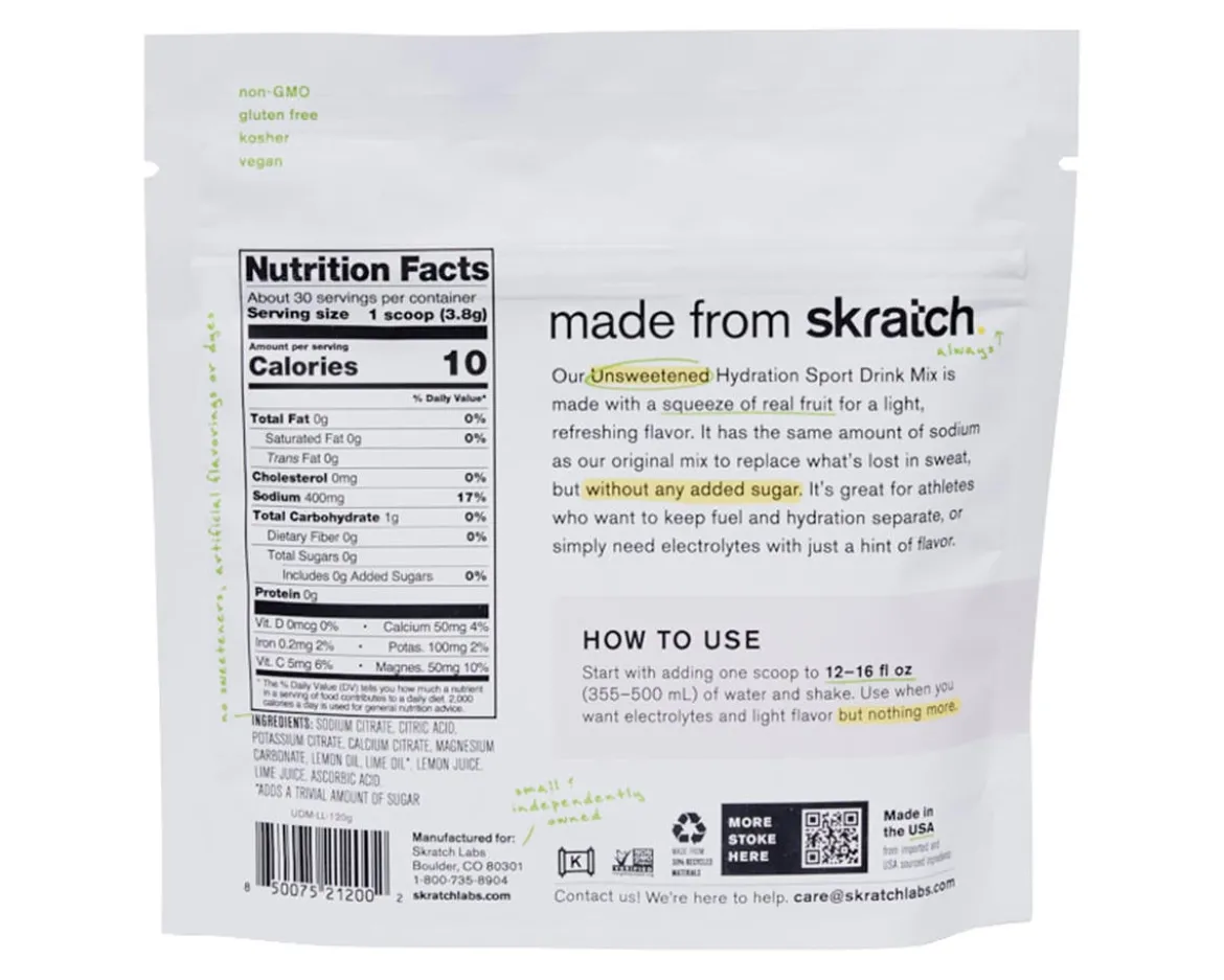 Skratch Labs Unsweetened Hydration Sport Drink Mix (Lemon + Lime) (30-Serving Resealable Bag)