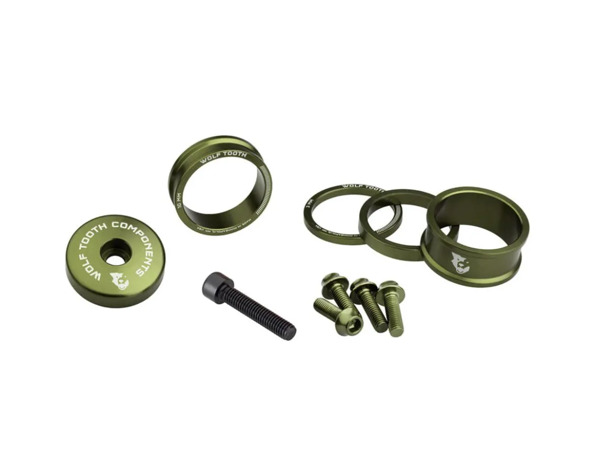 Wolf Tooth Components Headset Spacer BlingKit (Olive) (3, 5, 10, 15mm) (w/ Bottle Cage Bolts)