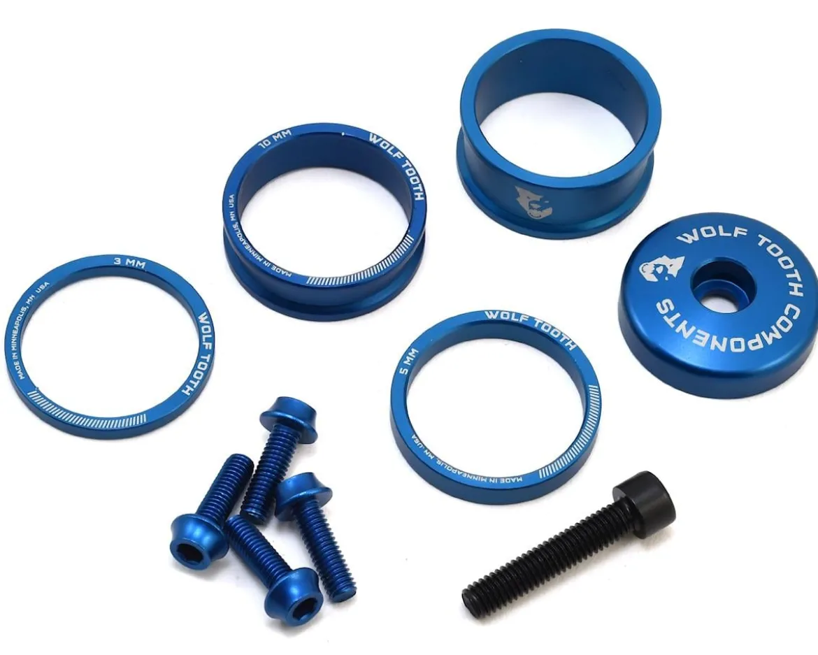 Wolf Tooth Components Headset Spacer BlingKit (Blue) (3, 5, 10, 15mm) (w/ Bottle Cage Bolts)